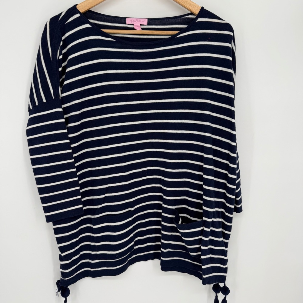 Lilly Pulitzer Elba Sweater Navy & White Striped Tassel Oversized Nautical Small